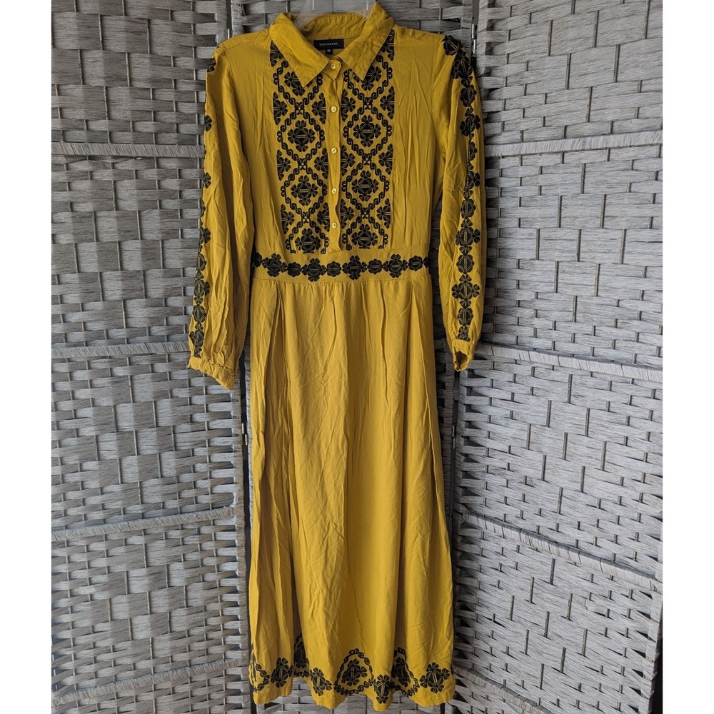 Long Sleeve‎ Maxi Dress Mustard Yellow Black Embroidery Sz 10 Boho Cottagecore